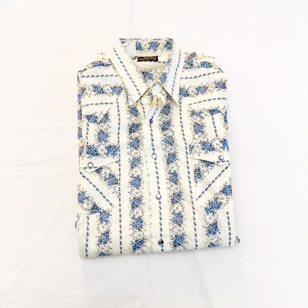Sears White Blue Western Wear Flower Print Button Down Size X-Tall Large 16-16.5